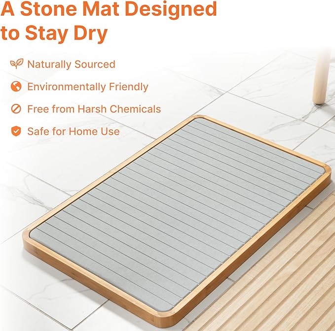 Stone Bath Mat with Bamboo Trim - Quick-Dry Diatomaceous Earth Shower Mat | Super Absorbent, Non-Slip, Minimalist Bathroom Floor Mat for Spa Style Décor, Bathroom, Kitchen, Entryway - Stone Grey