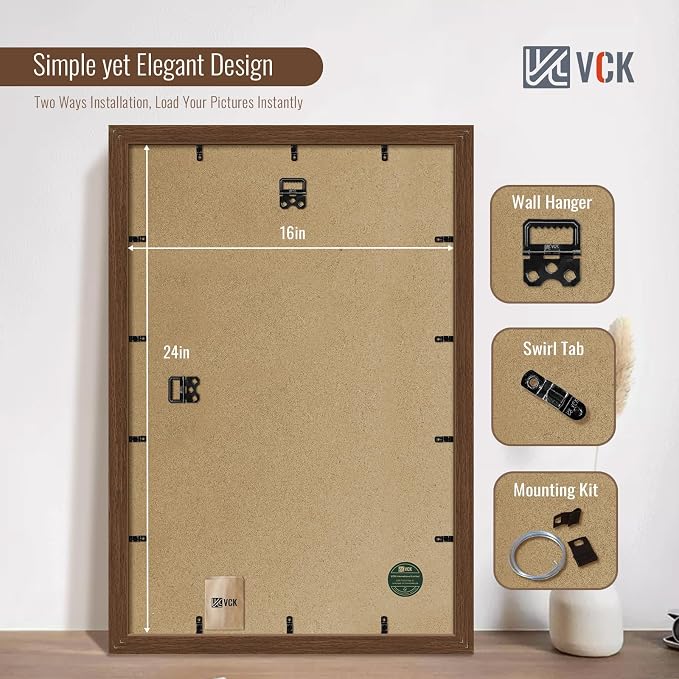 VCK 16x24 Poster Frame Set of 4 - Brown, Gallery-Quality Wood Picture Frames, 1.1-Inch Wide Border, Polished Plexiglass, Vertical or Horizontal Wall Display for Photo/Art/Prints, Brown