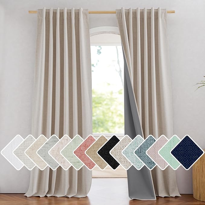 NICETOWN Rod Pocket Full Blackout Natural Linen Curtains 102" Length with Thermal Insulated Liners for Living Room, Farmhouse Style Keep Cool & Warm Large Window Drapes for Hall (2 Panels, 52" Wide)