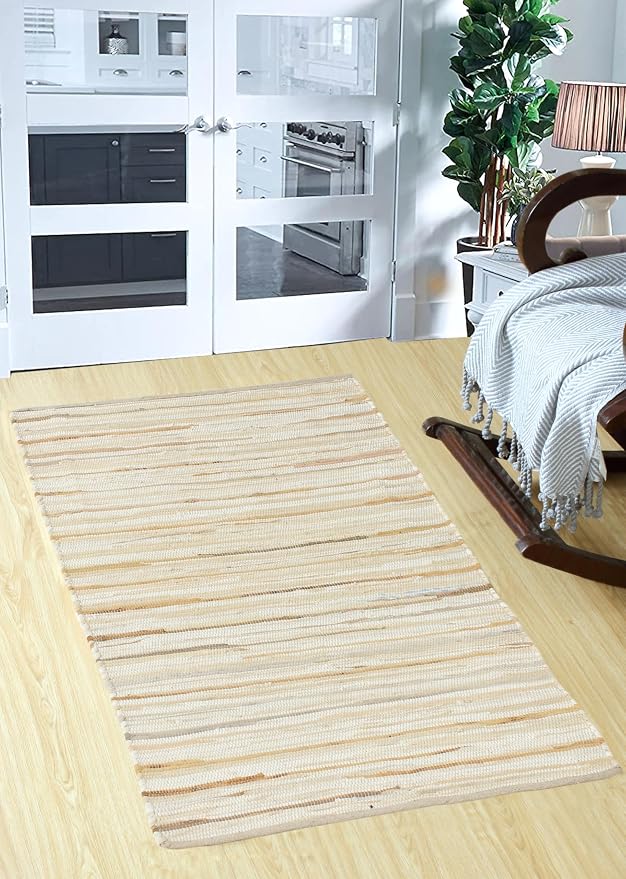 Handmade Cotton Chindi Rug Runner Area Rag Washable Recycled Rugs for Home Décor, Living Room and Bedroom (Beige, 3X5 Feet)