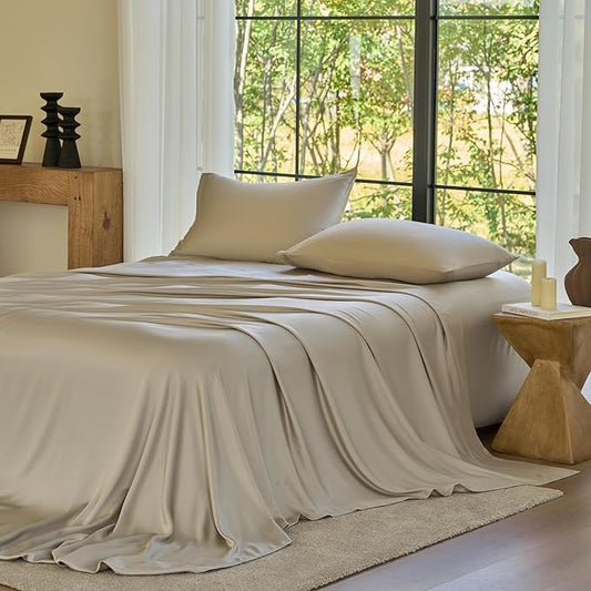 DOZ Sheet Set, 100% Viscose derived from Bamboo, Organically Grown, Buttery Soft, Cooling Sheets, High GSM, Deep Pockets - 3 Piece - 2 Pillowcases 1 Fitted Sheet (Fog, Queen)