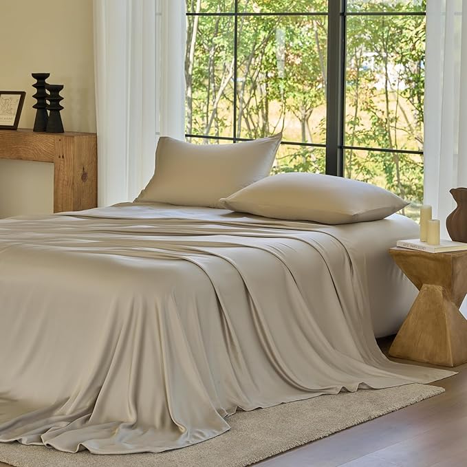 DOZ Sheet Set, 100% Viscose derived from Bamboo, Organically Grown, Buttery Soft, Cooling Sheets, High GSM, Deep Pockets - 4 Piece - 2 Pillowcases 1 Fitted Sheet 1 Top Sheet (Fog, Queen)