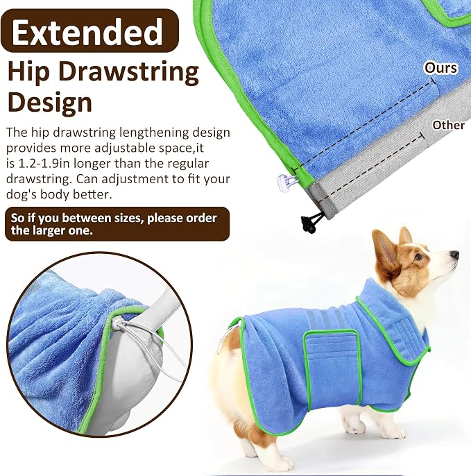 Soft Dog Bathrobe Fast Drying Dog Coat, Super Absorbent Dog Towels for After Bath, Microfiber Pet Robe Adjustable Collar & Belly Warm Keeping Dogs Coat for Pet Dogs & Cats (Blue, XX-Large)
