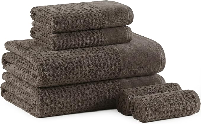 Madison Park Spa Waffle 100% Cotton Luxurious Towel Set, Premium Texture Waffle Weave, Highly Absorbent, Quick Dry, Hotel & Spa Quality Wash Clothes for Bathroom, Assorted Sizes, Charcoal 6 Piece