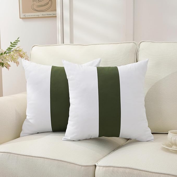 TAOSON Set of 2, 100% Cotton Canvas Patchwork Throw Pillow Covers 18x18 Inch Modern Olive Green Striped Pillow Cushion Covers Farmhouse Decor Pillow Cases for Couch Living Room Bed Sofa Decor