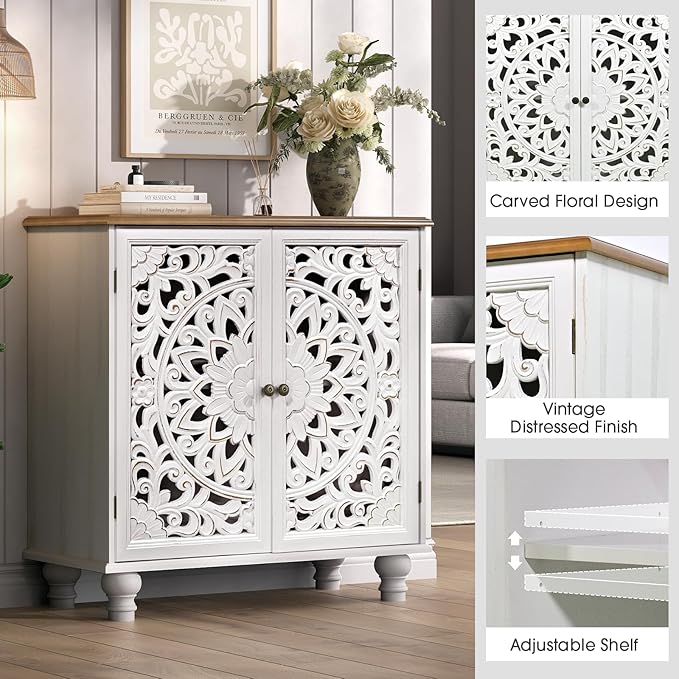 JOINICE White Accent Cabinet with Walnut Finish Top, 31" Farmhouse Storage Cabinet with Carved Doors for Living Room, Sideboard Buffet for Dining Room, Solid Wood Legs