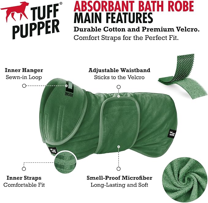 Tuff Pupper Fast Drying Dog Bath Robe | 800 GSM Plush Dog Towel Bathrobe/Dressing Gown | Super Absorbent Pet/Puppy Bathrobe | Adjustable Hood & Belly Strap | Super Soft | Fast Drying (XXL, Green)
