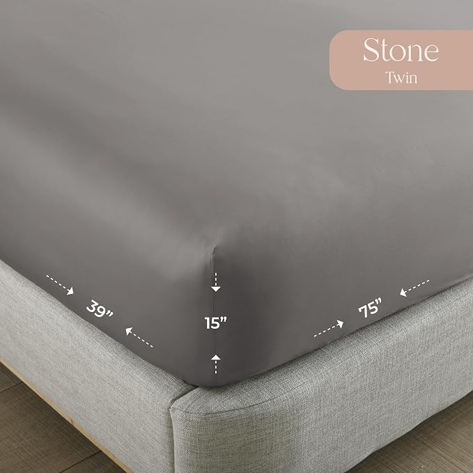 Organic Twin Fitted Sheet Only Deep Pocket - 100% Organic Cotton Sheets with Breathable 300 Thread Count Sateen Weave GOTS & Fairtrade Certified - Soft Fitted Bed Sheets Only (Stone, Twin)