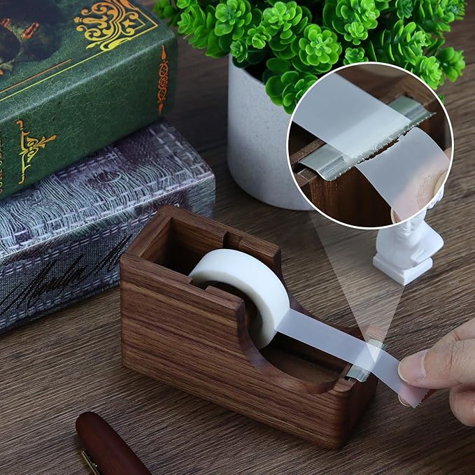 Buqoo Walnut Wood Tape Dispenser with Built-in Pen Holder – All-in-One Desk Organizer for Office/Home School