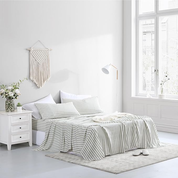 ATLINIA Bedding Linen Sheets Set Bed - 55% Linen 45% Cotton Blend Sheets Queen Size Bedding Farmhouse Boho Style, Soft Comfy Breathable - Deep Pocket Fitted Sheet & Flat Sheet & 2 Pillowcases (Green)