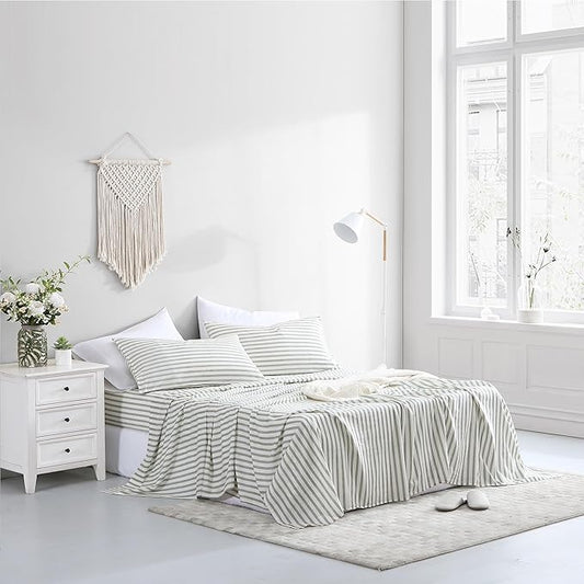 ATLINIA Bedding Linen Sheets Set Bed - 55% Linen 45% Cotton Blend Sheets Queen Size Bedding Farmhouse Boho Style, Soft Comfy Breathable - Deep Pocket Fitted Sheet & Flat Sheet & 2 Pillowcases (Green)