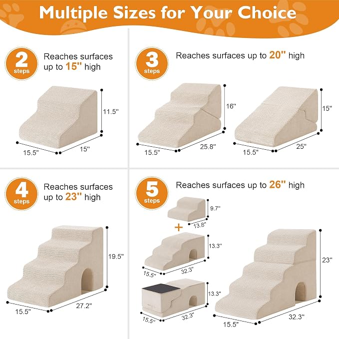 Dog Stairs for Small Dogs 16’’ H, 3-Step Dog Steps for Bed, Foldable Pet Stairs and Ramp for Dogs and Cats to Get on Beds, Couch, Non-Slip Balanced Pet Steps with Waterproof Cover, Beige