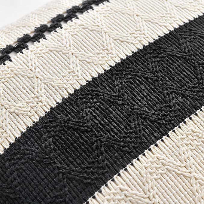 Fancy Homi Set of 1 Boho Black Big Decorative Throw Pillow Cover 24x24 Inch for Couch Bed Bedroom, Aesthetic Modern Organic Farmhouse Room Decor, Soft Cotton Accent Macrame Woven Cushion Case