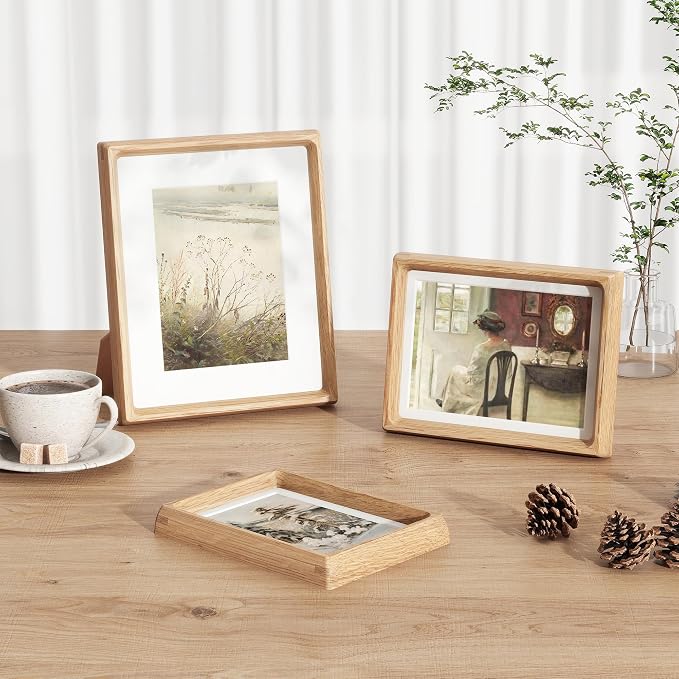 Fun Memories 6x8 Picture Frame, USA-Sourced Oak Wood Photo Frames with HD Tempered Glass, Handcrafted Rounded Corner 6 x 8 Wooden Frames Matted to 5x7 Photos, 6x8 Frame, Tabletop or Wall Display