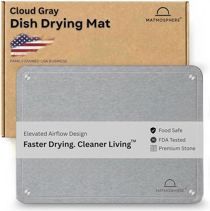 LARGE MATMOSPHERE Stone Dish Drying Mat for Kitchen Counter – Fast Absorbing Diatomaceous Mat with Stainless Steel Legs, Quick Dry, Dish Rack Mat, USA Small Business, 18”x14”, Light Gray
