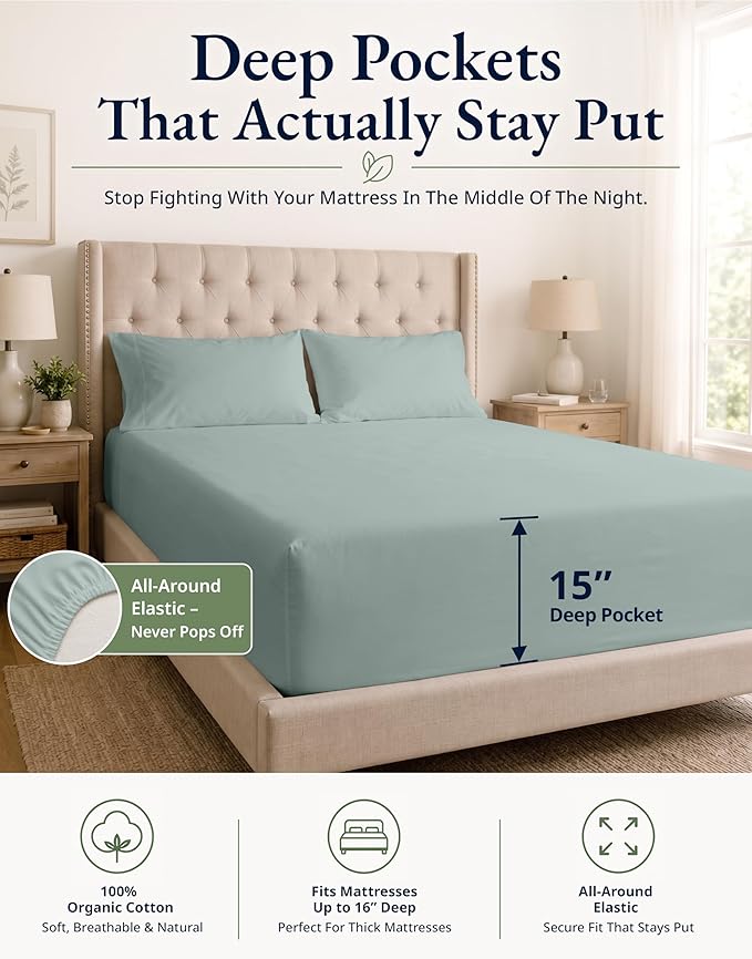 LANE LINEN 100% Organic Cotton Fitted Sheet Full Size Set (No Flat Sheet) - Soft & Breathable Percale Weave Fitted Sheet Set With Snug Fit Pillowcase - 15'' Deep Pocket - GOTS Certified - French Blue