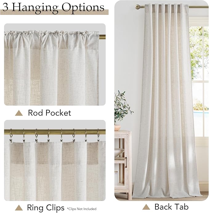 NICETOWN Linen Curtains 60 Inch Long 2 Panels Set for Farmhouse, 37" Wide Thick Flax Linen Blend Privacy Window Drapes Rod Pocket & Back Tab with Light Filtering for Bedroom/Kitchen