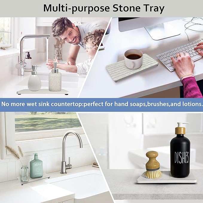 2-Pack Diatomite Soap Tray, Fast-Drying Water Absorbing Stone Tray for Bathroom & Kitchen Sink Counter, Anti-Skid Vanity Tray with Feet, White 8.3" x 4.0"