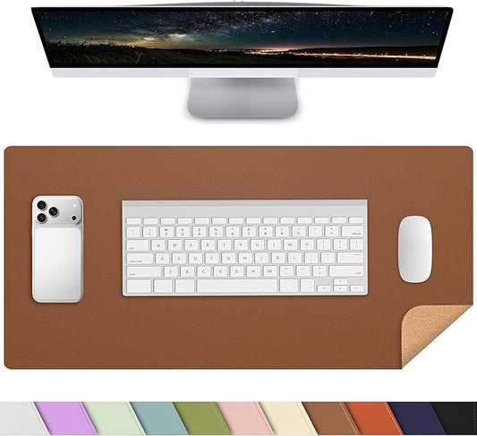 AFIING Leather Desk Mat 35.4" x 17", Brown | Dual-Sided Cork & PU Leather, Large Mouse Pad, Non-Slip & Waterproof