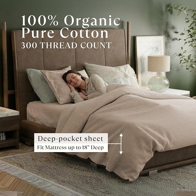 Delilah Home 100% Organic Cotton King Flat Sheet Set, GOTS & Vegan.org Verified, Long Stem 300 TC Sateen Bedding, Non-Synthetic, Deep Pocket Fitted Linen, Lightweight, All-Season, 4 Piece Set - Beige