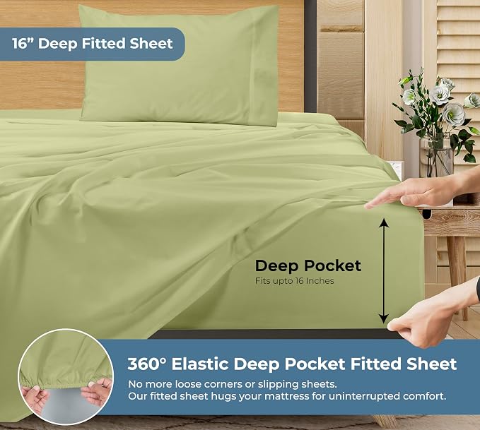 ROYALE LINENS 100% Organic Cotton Twin Sheet Set - Percale Weave - 3 Pieces Set - 1 Flat, 1 Deep Pocket Fitted Sheet and 1 Pillowcases - Sage Green Bed Sheets - Sábanas Twin - Crisp Cool (Sage Green)