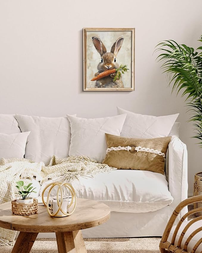 Vodefoad Carrot Rabbit Retro Vintage Canvas Wall Art Bunny Holding Carrot Canvas Cute Rustic Farmhouse Rabbit Wall Art Animal Nursery Decor, Spring Bunny Painting, Easter Bunny Print for Bedroom Bathroom Holiday Decor - 8x10Inch Unframe