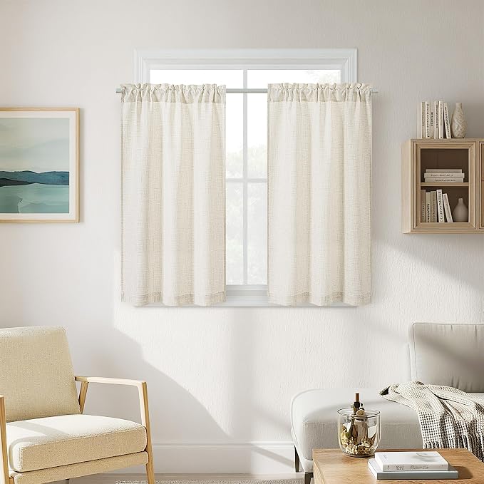 40 Inch Linen Farmhouse Kitchen Curtains 2 Panels Semi Sheer Light Filtering Privacy Small Drapes for Living Room Bedroom Bathroom Rod Pocket Neutral Window Curtains 40 Inches Long W34xL40
