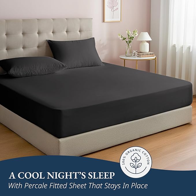 LANE LINEN Fitted Sheet King Size, 100% Organic Cotton, 3-Piece Set (1 Fitted Sheet,2 Pillowcases), Percale Weave, Ultra Soft, Breathable,Fits Mattress Upto 15" Deep - Black (No Flat Sheet)