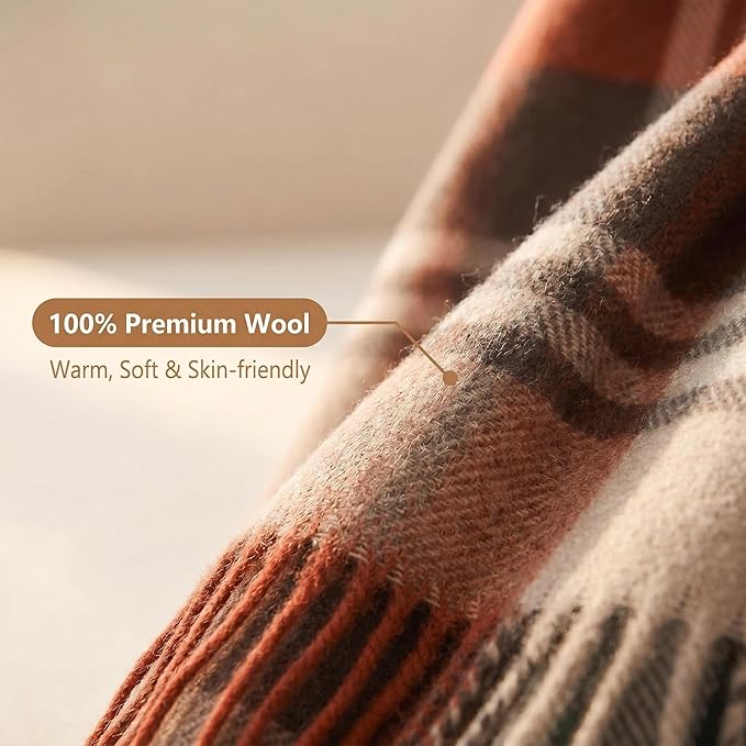 100% Wool Blanket Throw,Red Plaid Wool Blanket with Compact Bag, Rustic Soft Lightweight Blanket for Couch, Sofa, Bed & Lounging Decoration, Warm Travel Blanket for Home, Airplane,Ideal Gifts 55"x83"