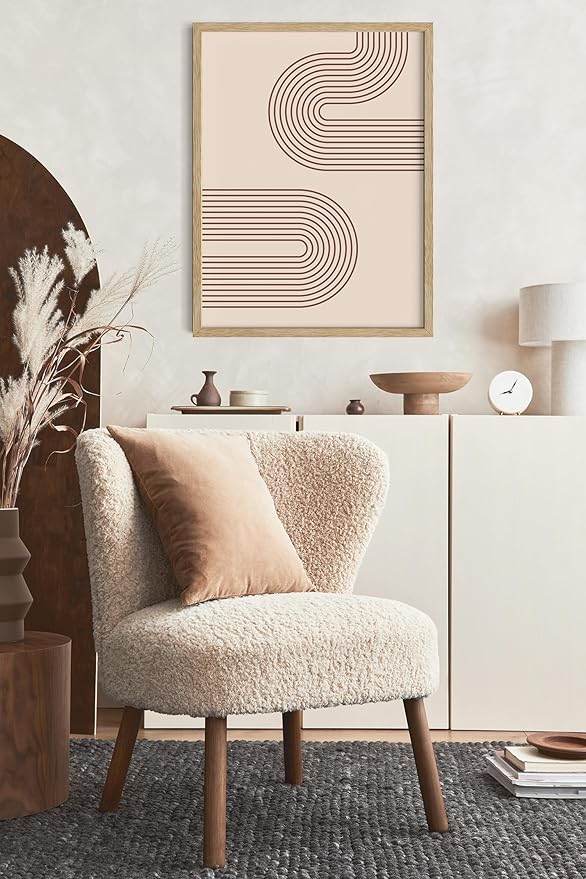 Abstract Double Wavy Arch Wall Art Minimalist S-Shape Lines Earth Tones Terracotta Brown 16x20 Inch Oak Wood Beige Framed Boho Geometric Print for Modern Living Room Decor