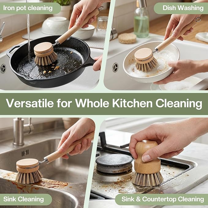 5 Pcs Bamboo Wood Dish Brush Set Includes 1 Wooden Handle with 3 Natural Replaceable Bristle Heads and 1 Handheld Bamboo Wok Brush Scrubber for Dishes Pans Pots Fruit and Veggie Washing(Style C)