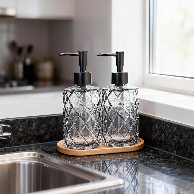 Glass Hand and Dish Soap Dispenser Set of 2 with Plastic Pumps, Bamboo Tray, 12oz Clear Bathroom Soap Dispenser with Diamond for Hand Wash & Dish Wash, Ideal for Bathroom Kitchen Countertop