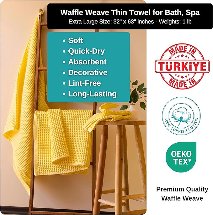 PÜSKÜL Pack of 2 Waffle Bath & Spa Towels - Premium 100% Turkish Organic Cotton - Quick Dry Thin Bath Towel for Bathroom - Made in Turkey (Light Yellow, 32x63 inch)
