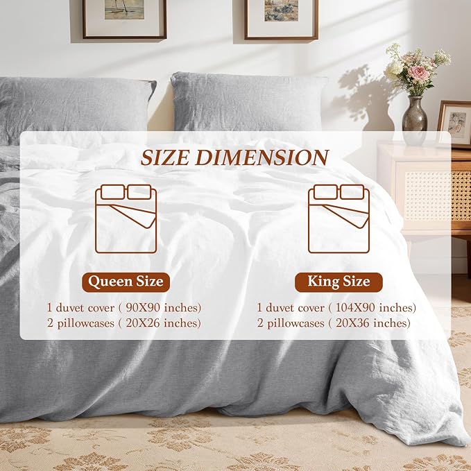 100% Pure Linen Duvet Cover Set Queen Size 3 Pcs Natural Linen Bedding Zipper Closure Breathable Soft Comforter Cover Sets, Cozy for All Season (Queen, Gray)