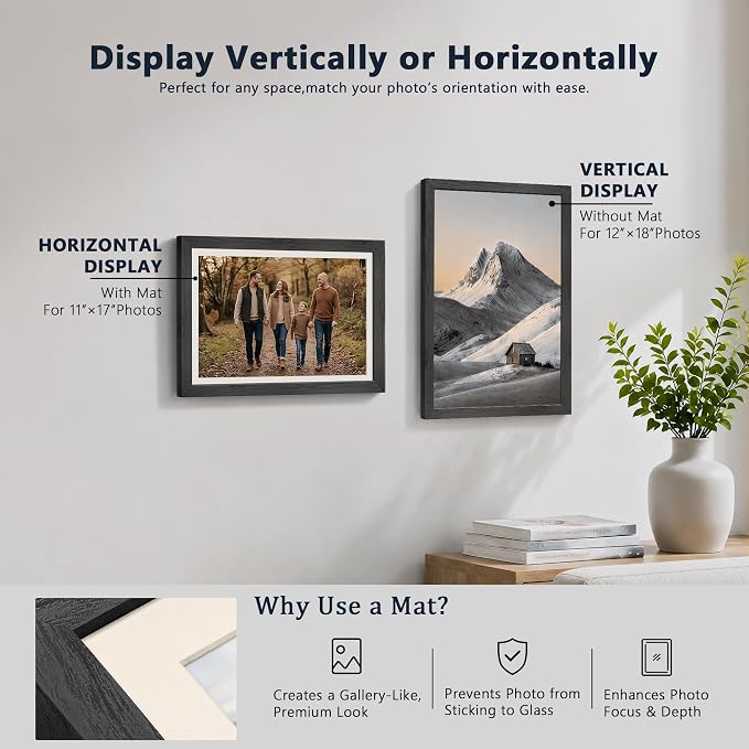 VCK 12x18 Picture Frames Black 3 Pack, Wide Border Solid Wood, Tempered Glass, Display 11x17 Photo with Mat or 12 x 18 without, for Home, Office, Gallery, Woodgrain Series, Wall Hanging