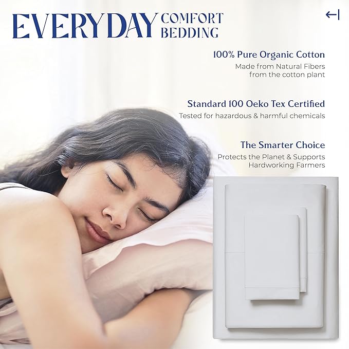 Mayfair Linen 100% Organic Cotton Sheets Twin Size - 3 PC Organic Cotton Percale Sheets Twin Set (Light Grey), Soft, Cooling & Breathable Bedsheets, 16" Deep Pocket Hotel Bedding - GOTS Certified
