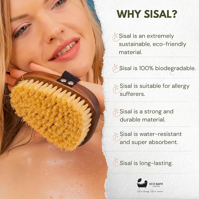 Eco Bath London Natural Sisal Walnut Hand Brush - Luxury Body Brush for Dry Brushing and Exfoliation, Durable Walnut Wood and Sisal Brush for Remove Dead Skin Toxins Cellulite