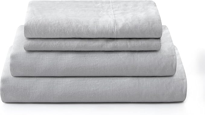 ATLINIA 100% Pure Flax Linen Bedding Set - Stone Washed French Linen Fabric Deep Pocket Fitted Sheet Farmhouse Flat Sheet 2 Pillowcases (Light Grey, Full)