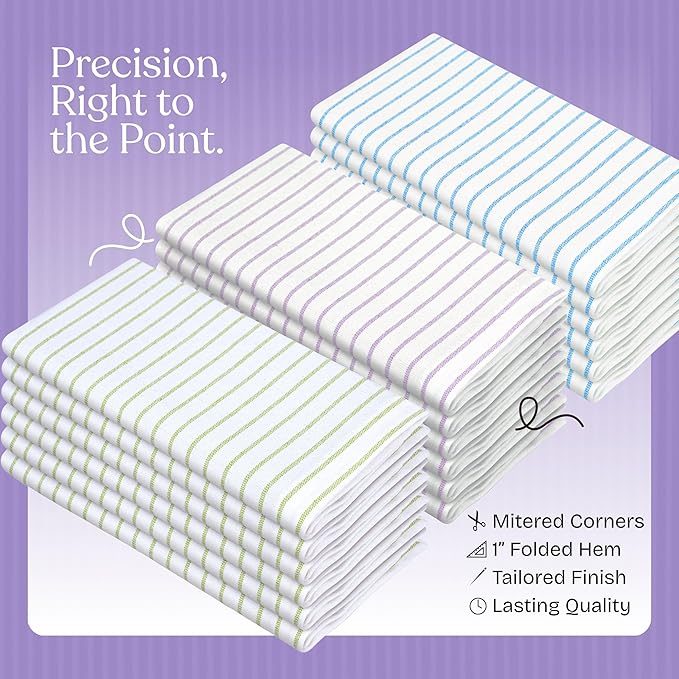 Multi Pack Stripe Napkins Set of 12, 18x18 Inch, 100% Cotton, Classic Striped Napkin for Dinner, Wedding, Reusable and Washable for Everyday Dining - Turquiose Blue, Green, Lavender