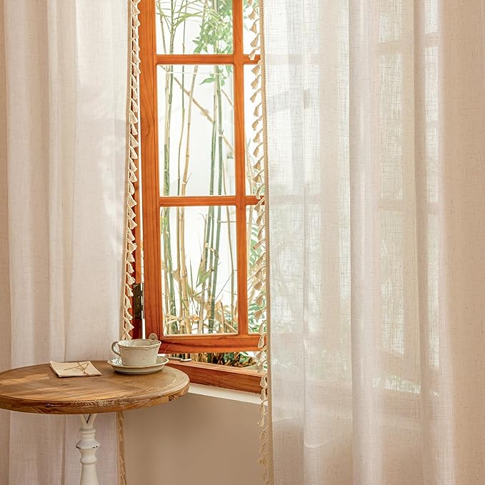 MYSKY HOME 90 Inch Boho Cream Semi Sheer Curtains Light Filtering Back Tab Drapes for Living Room Sliding Door & Patio Privacy Protect Farmhouse Country Decor, 50" W×90" L, Natural, 2 Panels