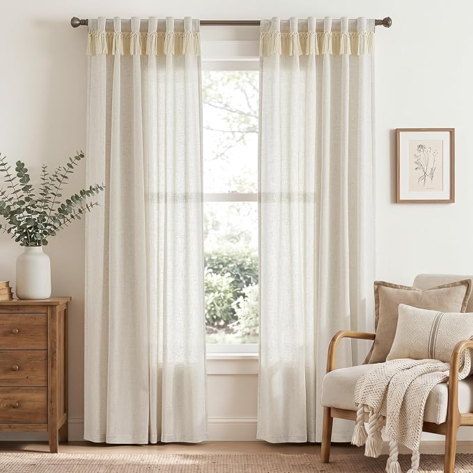 jinchan Linen Curtains for Living Room Bedroom Light Filtering Semi Sheer Curtains Boho Farmhouse French Country Cottage Core Decor Window Drapes Back Tab 84 Inch Length Tassel Beige