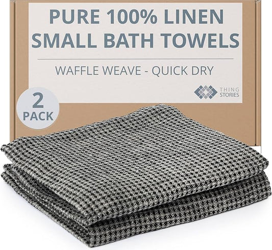 Pure Linen Small Bath Towels Set - 2-Pack 20x40-inch Quick Dry Towels for Sensitive Skin - Thin Towels for Bathroom - Lightweight Waffle Weave Towel for Kids Black-Natural