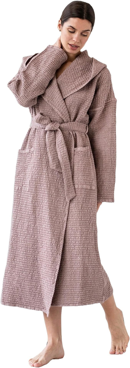Magic Linen - Unisex Waffle Bathrobe, Hooded Linen-cotton Blend Bath Robe, Lightweight Robe for Women and Men