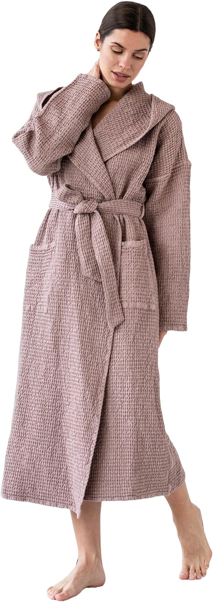 Magic Linen - Unisex Waffle Bathrobe, Hooded Linen-cotton Blend Bath Robe, Lightweight Robe for Women and Men