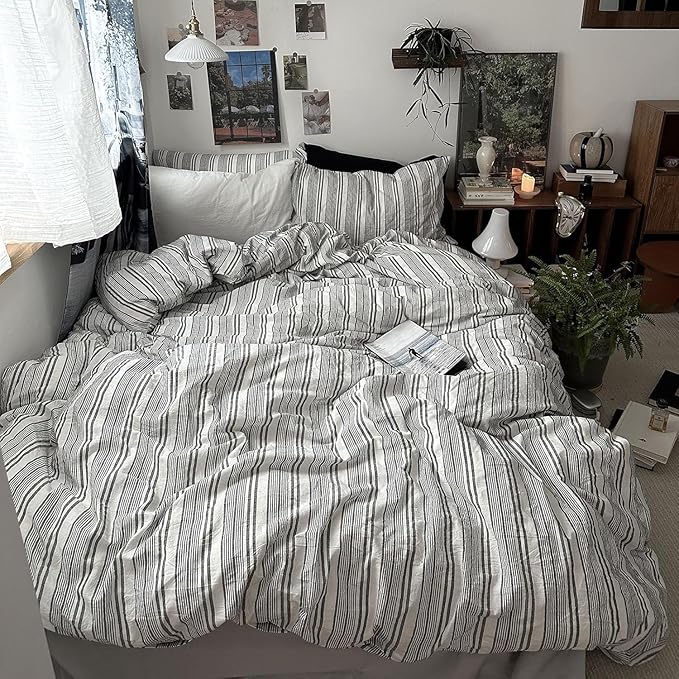 mixinni Vintage Gray & White Striped Duvet Cover Set - 3 Piece 100% Washed Cotton Twin XL Size Bedding | Minimalist Gender-Neutral Design | Ultra-Soft Breathable, with Zipper Closure & Corner Ties