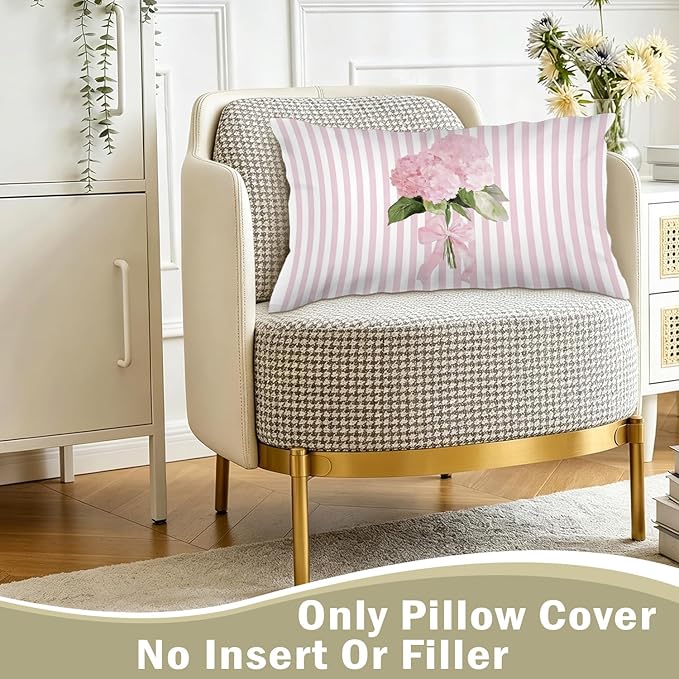 Cottagecore Pink Hydrangea Floral 12x20 Pillow Cover, Preppy Girly Bow Botanical Flower Pink Striped Decorative Lumbar Pillow Cover for Girls Room Dorm Bedroom Living Room Home