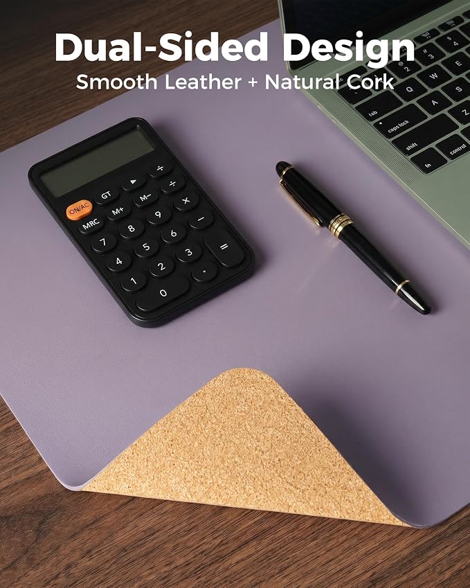 Aothia Dual-Sided Desk Mat, FSC Cork & PU Leather Desk Pad, Large Mouse Pad & Writing Surface for Compact Workspace, Non-Slip Waterproof Desk Protector - 25.6" x 13.7", Light Purple
