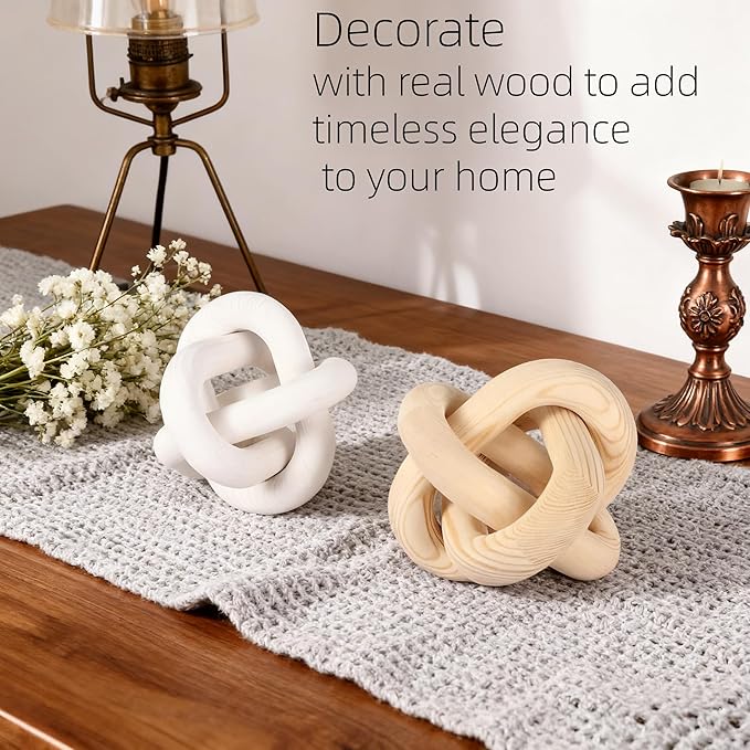 Wood Knot Chain Link Decor, 3 Link Boho Wooden Hand Carved Decorative, Handcrafted for for Coffee Table Entryway Modern Farmhouse Shelf Decoration (Natural)