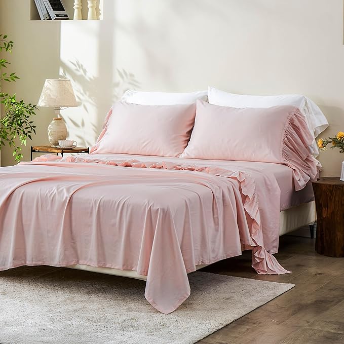 Simple&Opulence 100% Organic Cotton Sheet Set, Long Ruffle Bed Sheets (1 Flat Sheet, 1 Fitted Sheet and 2 Pillowcases) Elegant Shabby Chic Bedding Farmhouse Charming Vintage - Pink, Full