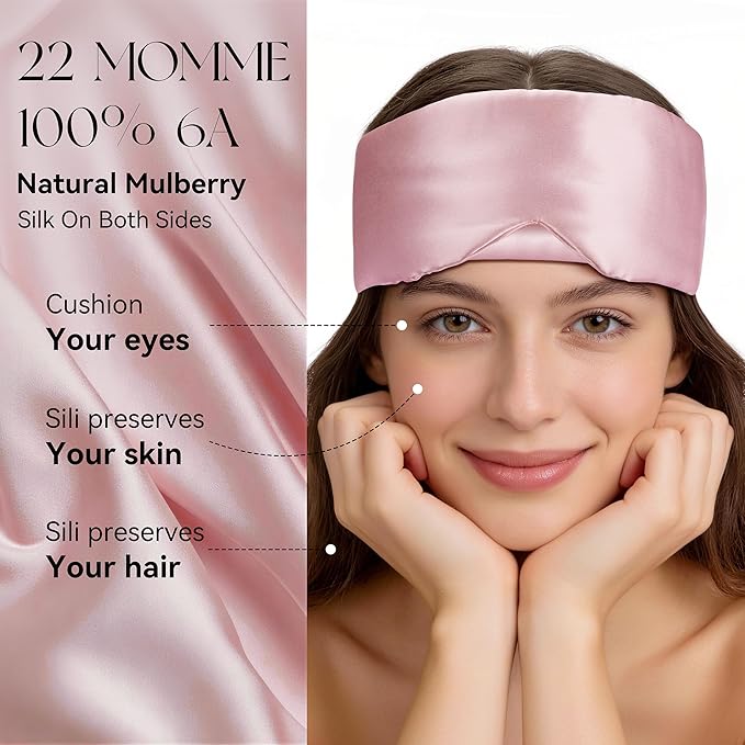 Silk Sleep Mask 22 Momme100% Mulberry Silk & 3.5cm Silk Hairband Set, Upgraded Light Blocking NosePad, Soft Wide Adjustable Strap, Comfortable Eye Mask for Men Women Home Travel (Pink)